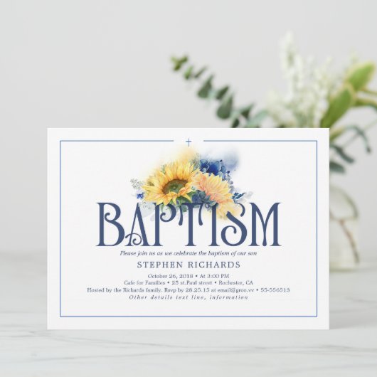 Gele zonnebloemen Navy Blue Herfst Baptisme Kaart (Staand voorkant)