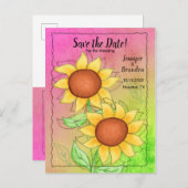 Gele zonnebloemen op getextureerde roze groene blo aankondigingskaart (Voorkant / Achterkant)