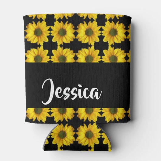 Gele zonnebloemen op zwart blikjeskoeler (Achterkant)