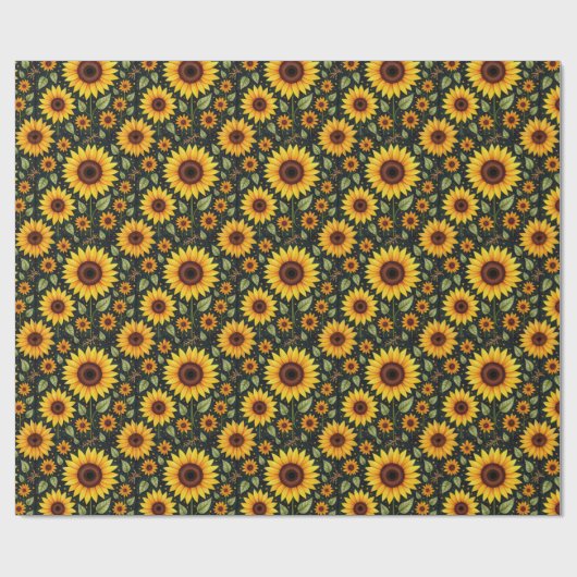 Gele zonnebloemen op zwart cadeaupapier (Vlak)