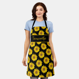 Gele zonnebloemen op zwart, gepersonaliseerd Apron Schort
