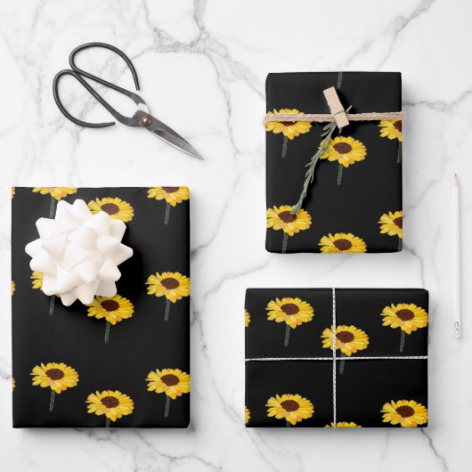 Gele zonnebloemen op zwart inpakpapier vel (Voorkant)