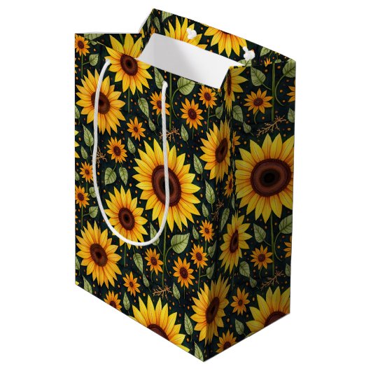 Gele zonnebloemen op zwart medium cadeauzakje (Achterkant Gekanteld)