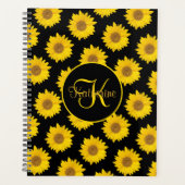 Gele zonnebloemen op zwart monogram planner (Voorkant)
