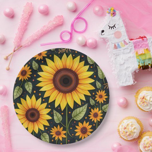 Gele zonnebloemen op zwart papieren bordje (Feest)