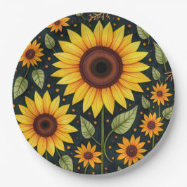 Gele zonnebloemen op zwart papieren bordje