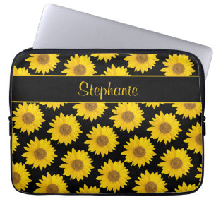 Gele zonnebloemen op zwart, speciaal gepersonalise laptop sleeve