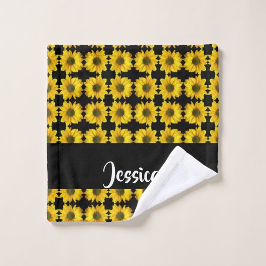 Gele zonnebloemen op zwart washandje (Wasdoekje)