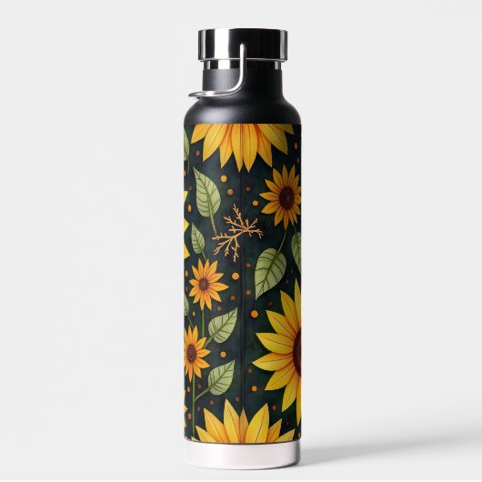 Gele zonnebloemen op zwart waterfles (Rechts)