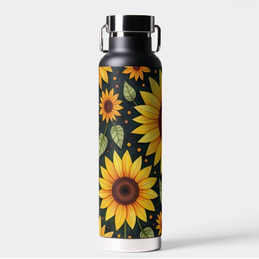 Gele zonnebloemen op zwart waterfles (Voorkant)
