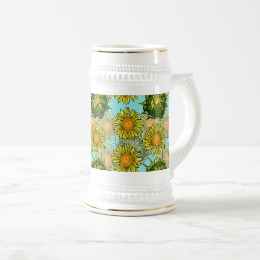 Gele zonnebloemen Patroon met Vloeiing en Buds Bierpul (Voorkant rechts)