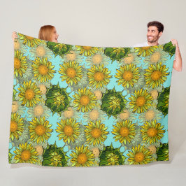 Gele zonnebloemen Patroon met Vloeiing en Buds Fleece Deken