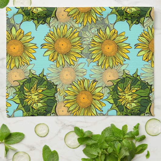 Gele zonnebloemen Patroon met Vloeiing en Buds Theedoek (Gevouwen)