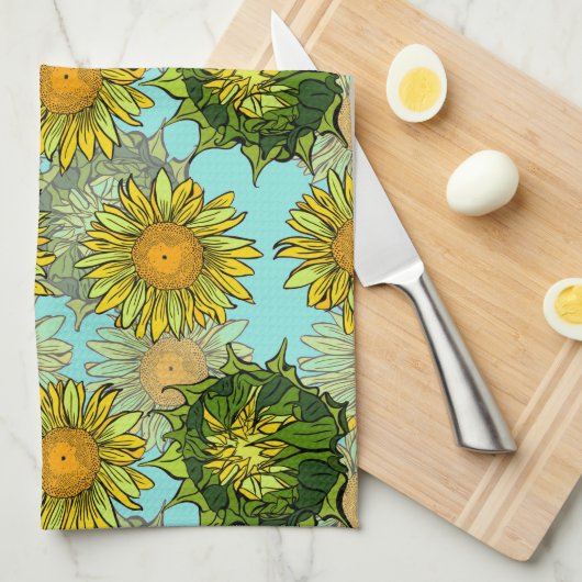 Gele zonnebloemen Patroon met Vloeiing en Buds Theedoek (Quarter Fold)