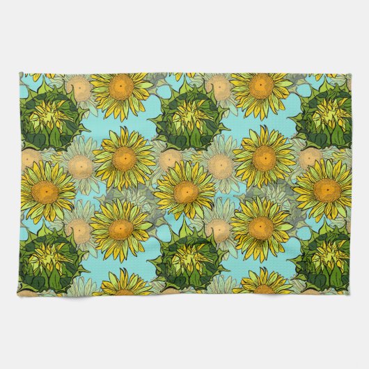 Gele zonnebloemen Patroon met Vloeiing en Buds Theedoek (Horizontaal)