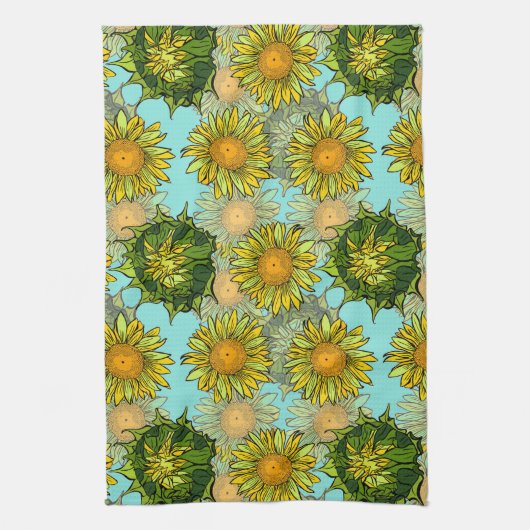 Gele zonnebloemen Patroon met Vloeiing en Buds Theedoek (Verticaal)