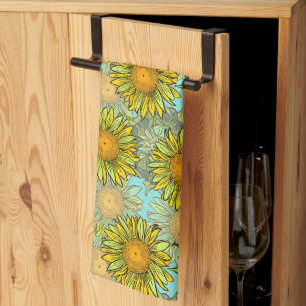 Gele zonnebloemen Patroon met Vloeiing en Buds Theedoek