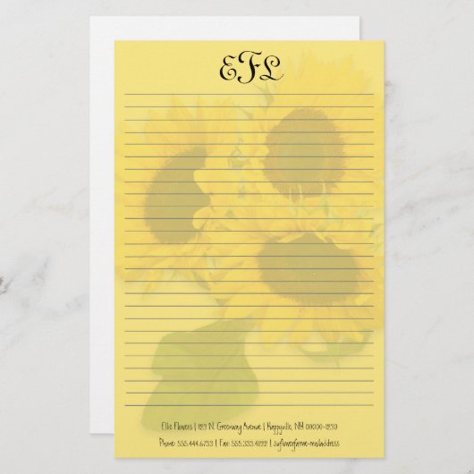Gele Zonnebloemen Persoonlijk Monogram Schrijfpapi Briefpapier (Voorkant / Achterkant)