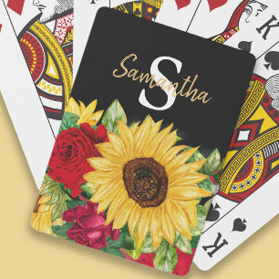 Gele Zonnebloemen Rode Rozen Zwart Monogram Pokerkaarten