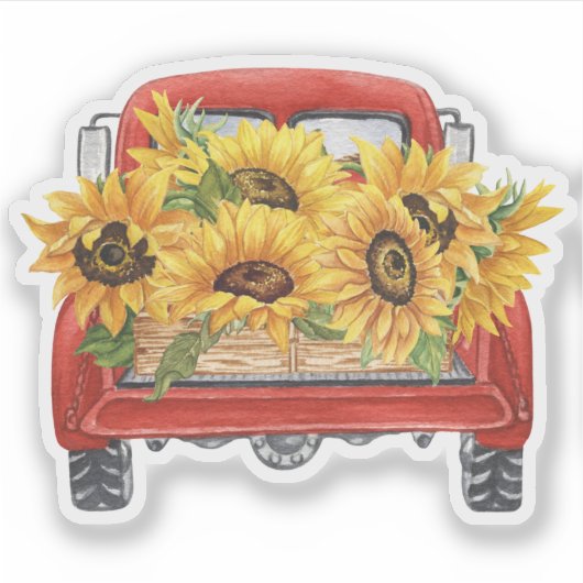  Gele Zonnebloemen Rode Vrachtwagen Waterverf Sticker (Voorkant)