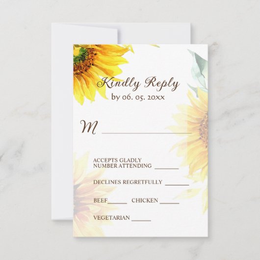 Gele zonnebloemen Rustic Floral Waterverf Wedding RSVP Kaartje (Voorkant)