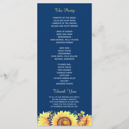 Gele zonnebloemen Rustic Navy Blue Wedding Program Programmakaart (Achterkant)