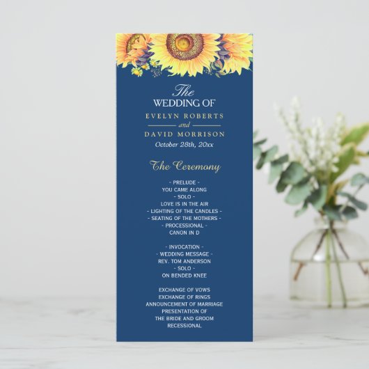 Gele zonnebloemen Rustic Navy Blue Wedding Program Programmakaart (Staand voorkant)