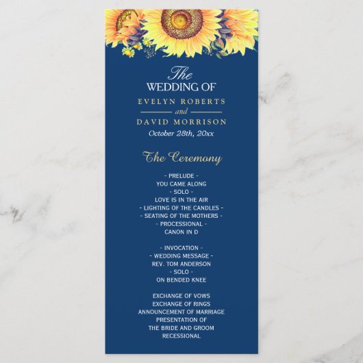 Gele zonnebloemen Rustic Navy Blue Wedding Program Programmakaart (Voorkant)