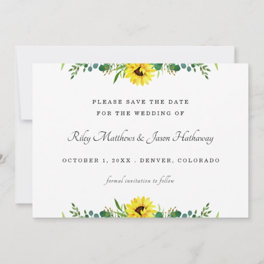Gele zonnebloemen Rustic Wedding Save the Date (Achterkant)