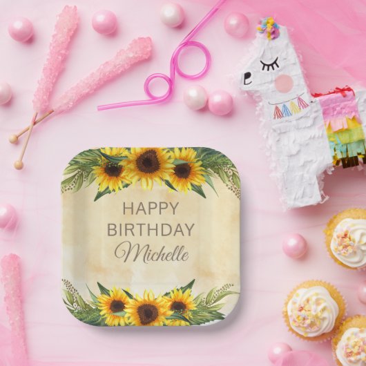 Gele zonnebloemen Rustisch Land Happy Birthday Papieren Bordje (Feest)