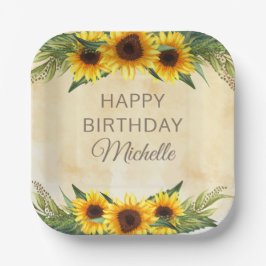 Gele zonnebloemen Rustisch Land Happy Birthday Papieren Bordje