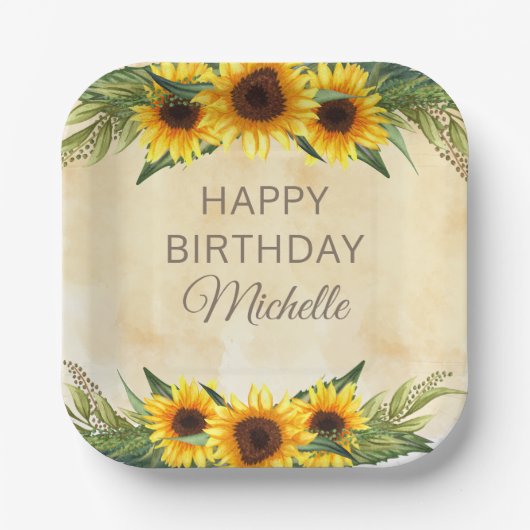 Gele zonnebloemen Rustisch Land Happy Birthday Papieren Bordje (Voorkant)