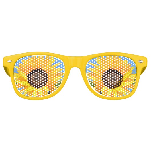 Gele zonnebloemen tegen zon op blauwe hemel - zome retro zonnebril (Voorkant)