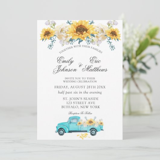Gele zonnebloemen Turquoise Truck Wedding Kaart (Staand voorkant)