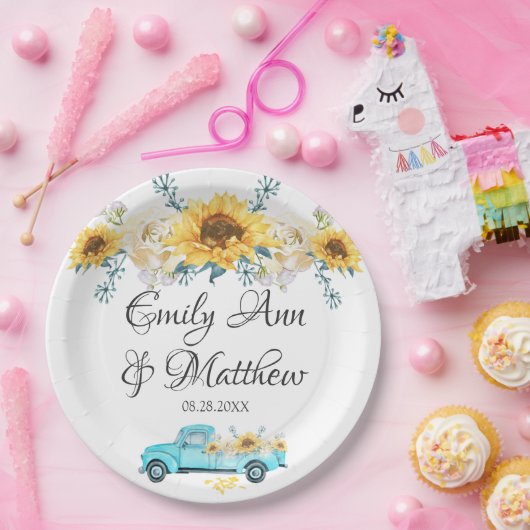 Gele zonnebloemen Turquoise  Truck Wedding Papieren Bordje (Feest)