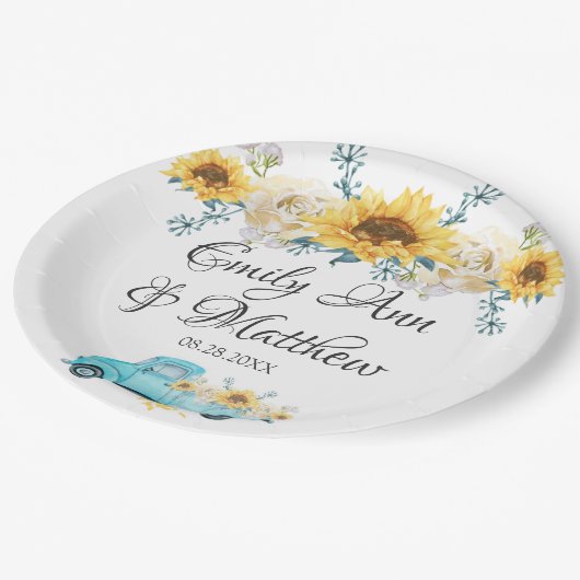 Gele zonnebloemen Turquoise  Truck Wedding Papieren Bordje (Gekanteld)