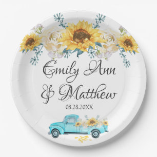 Gele zonnebloemen Turquoise Truck Wedding Papieren Bordje