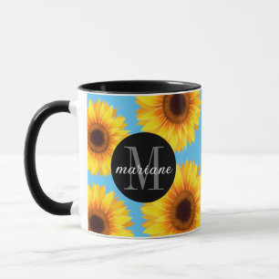 Gele zonnebloemen Voeg Jouw naam en Initiaal blauw Mok