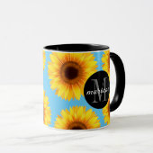 Gele zonnebloemen Voeg Jouw naam en Initiaal blauw Mok (Voorkant rechts)
