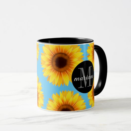 Gele zonnebloemen Voeg Jouw naam en Initiaal blauw Mok (Voorkant rechts)