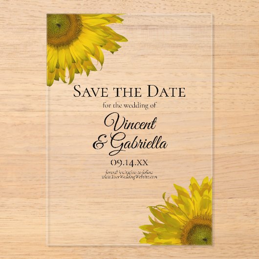 Gele zonnebloemen Weddenschap Save the Date Acryl Uitnodigingen (Voorkant)