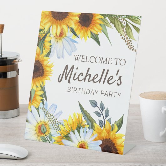 Gele zonnebloemen White Daisies Birthday Welcome Reclamebord Met Voetstuk (Insitu)