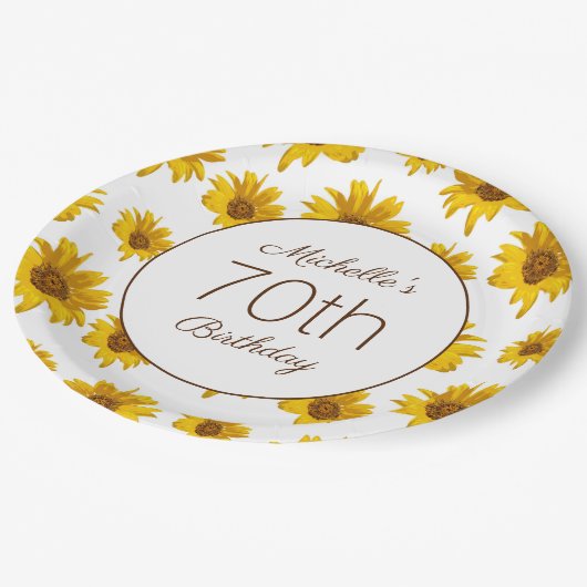 Gele Zonnebloemen Witte 70e verjaardag Papieren Bordje (Gekanteld)
