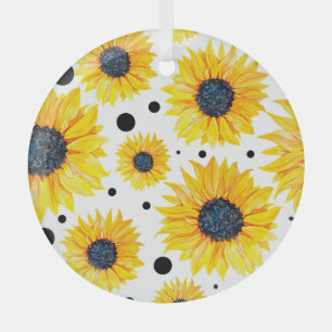 Gele Zonnebloemen Witte Achtergrond Patroon Glas Ornament