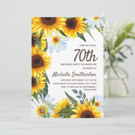 Gele Zonnebloemen Witte Dagen 70e verjaardag Kaart (Staand voorkant)