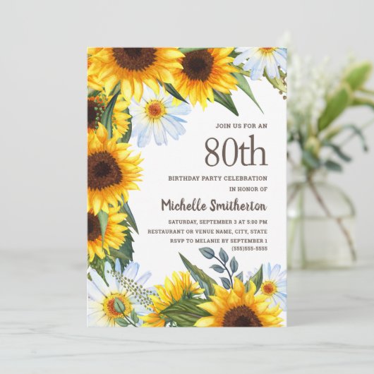 Gele Zonnebloemen Witte Dagen 80e verjaardag Kaart (Staand voorkant)