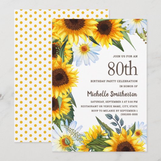 Gele Zonnebloemen Witte Dagen 80e verjaardag Kaart (Voorkant / Achterkant)