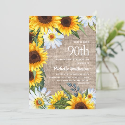 Gele Zonnebloemen Witte Dagen 90e verjaardag Kaart (Staand voorkant)