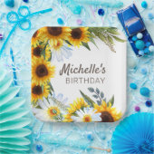 Gele zonnebloemen Witte Dagen Birthday Name Papieren Bordje (Feest)