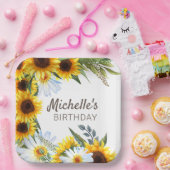 Gele zonnebloemen Witte Dagen Birthday Name Papieren Bordje (Feest)